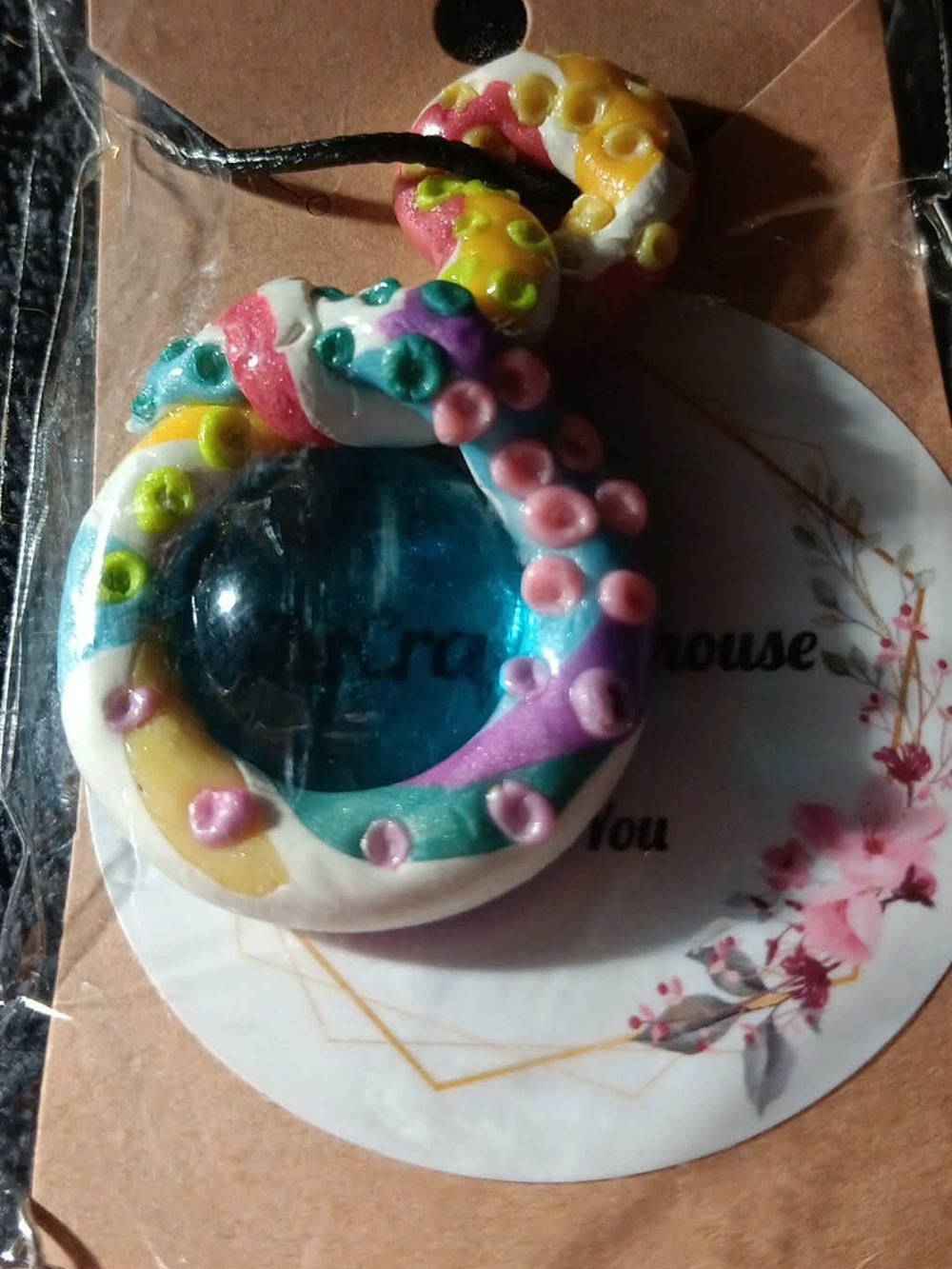 Polymer Clay Rainbow Octopus Tentacle Marble Necklace Ocean Jewlery Black Cord